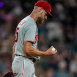 Aug 24, 2026; Seattle, Washington, USA; Philadelphia Phillies starting pitcher Zack Wheeler (45) reacts after giving up a home run during the fifth inning against the Seattle Mariners at T-Mobile Park. Mandatory Credit: Stephen Brashear-Imagn Images