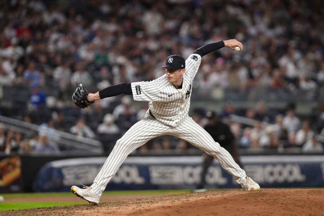 Aug 29, 2026; Bronx, New York, USA; New York Yankees relief pitcher Tim Hill (41) pitches against the Boston Red Sox during the seventh inning at Yankee Stadium. Mandatory Credit: John Jones-Imagn Images