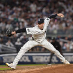 Aug 29, 2026; Bronx, New York, USA; New York Yankees relief pitcher Tim Hill (41) pitches against the Boston Red Sox during the seventh inning at Yankee Stadium. Mandatory Credit: John Jones-Imagn Images