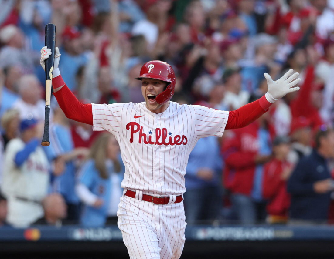 Oct 14, 2022; Philadelphia, Pennsylvania, USA; Philadelphia Phillies first baseman Rhys Hoskins celebrates after hitting a three-run home run against the Atlanta Braves during the 3rd inning in game three of the NLDS for the 2022 MLB Playoffs at Citizens Bank Park. Mandatory Credit: Bill Streicher-USA TODAY Sports