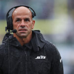 Sep 29, 2024; East Rutherford, New Jersey, USA; New York Jets head coach Robert Saleh looks on during the first half against the Denver Broncos at MetLife Stadium. Mandatory Credit: Vincent Carchietta-Imagn Images