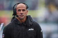 Sep 29, 2024; East Rutherford, New Jersey, USA; New York Jets head coach Robert Saleh looks on during the first half against the Denver Broncos at MetLife Stadium. Mandatory Credit: Vincent Carchietta-Imagn Images