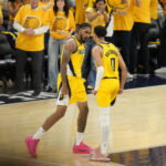 Jun 13, 2025; Indianapolis, Indiana, USA; Indiana Pacers forward Obi Toppin (1) and guard Tyrese Haliburton (0) react after ToppinÕs three point basket against the Oklahoma City Thunder during the third quarter of game four of the 2025 NBA Finals at Gainbridge Fieldhouse. Mandatory Credit: Kyle Terada-Imagn Images