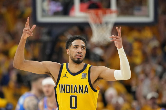 Jun 19, 2025; Indianapolis, Indiana, USA; Indiana Pacers guard Tyrese Haliburton (0) reacts after a play against the Oklahoma City Thunder during the first half of game six of the 2025 NBA Finals between the Oklahoma City Thunder and the Indiana Pacers at Gainbridge Fieldhouse. Mandatory Credit: Kyle Terada-Imagn Images