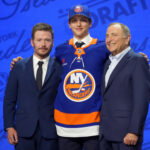 Jun 27, 2025; Los Angeles, California, USA; Victor Eklund is selected as the 16th overall pick to the New York Islanders in the first round of the 2025 NHL Draft at Peacock Theater. Mandatory Credit: Kirby Lee-Imagn Images
