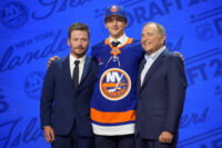 Jun 27, 2025; Los Angeles, California, USA; Victor Eklund is selected as the 16th overall pick to the New York Islanders in the first round of the 2025 NHL Draft at Peacock Theater. Mandatory Credit: Kirby Lee-Imagn Images