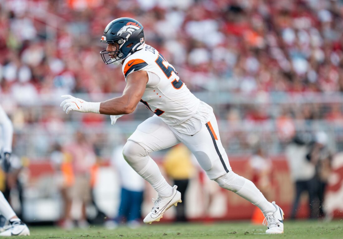 August 9, 2025; Santa Clara, California, USA; Denver Broncos linebacker Jonah Elliss (52) during the second quarter against the San Francisco 49ers at Levi's Stadium. Mandatory Credit: Kyle Terada-Imagn Images