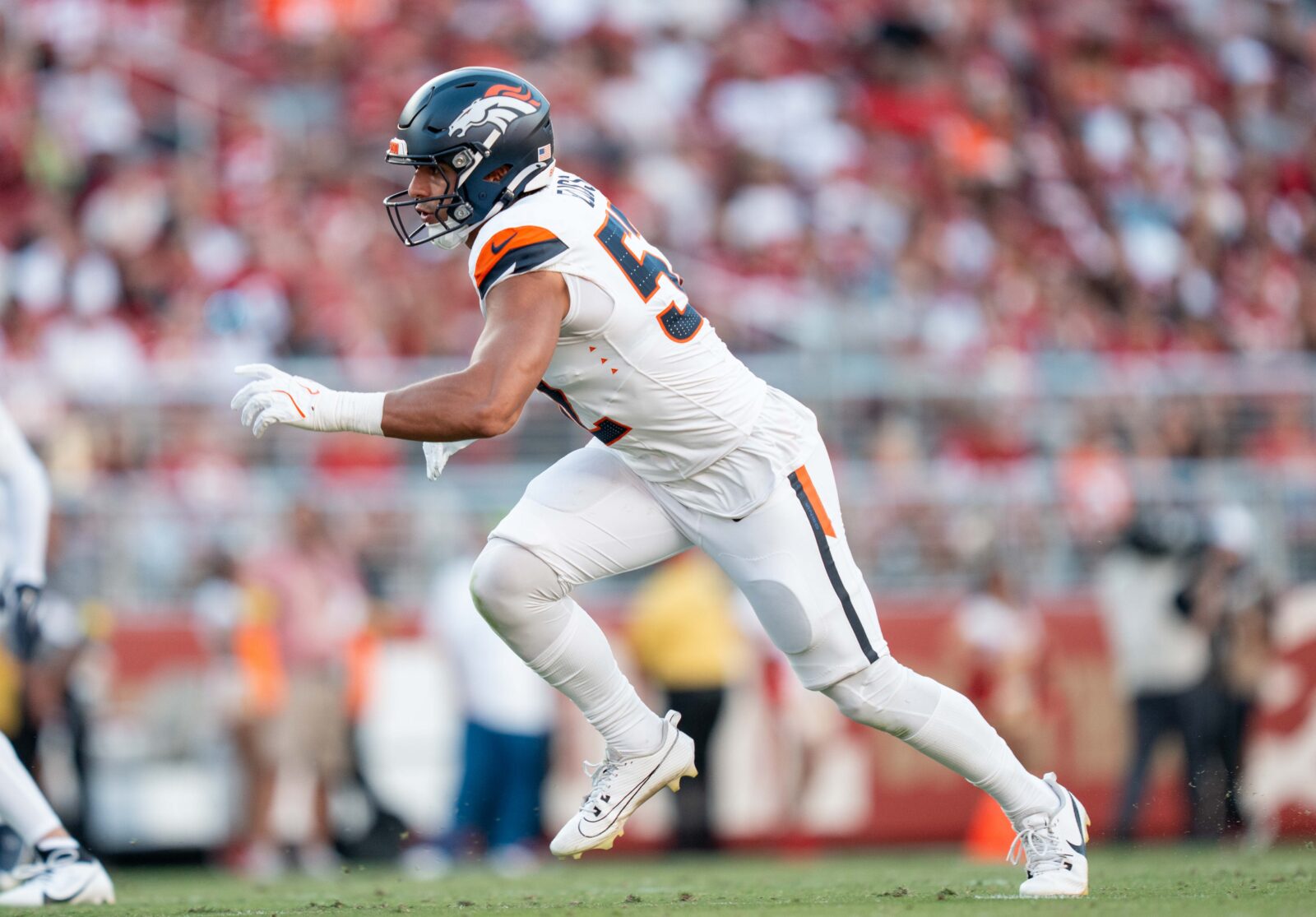 August 9, 2025; Santa Clara, California, USA; Denver Broncos linebacker Jonah Elliss (52) during the second quarter against the San Francisco 49ers at Levi's Stadium. Mandatory Credit: Kyle Terada-Imagn Images
