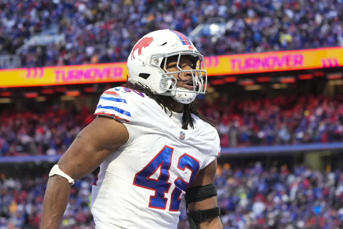 Nov 16, 2025; Orchard Park, New York, USA; Buffalo Bills linebacker Dorian Williams (42) celebrates recovering a touchdown against the Tampa Bay Buccaneers during the second half of the game at Highmark Stadium. Mandatory Credit: Gregory Fisher-Imagn Images