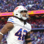 Nov 16, 2025; Orchard Park, New York, USA; Buffalo Bills linebacker Dorian Williams (42) celebrates recovering a touchdown against the Tampa Bay Buccaneers during the second half of the game at Highmark Stadium. Mandatory Credit: Gregory Fisher-Imagn Images