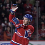 Nov 22, 2025; Montreal, Quebec, CAN; Montreal Canadiens forward Florian Xhekaj (63) celebrates the win against the Toronto Maple Leafs at the Bell Centre. Mandatory Credit: Eric Bolte-Imagn Images
