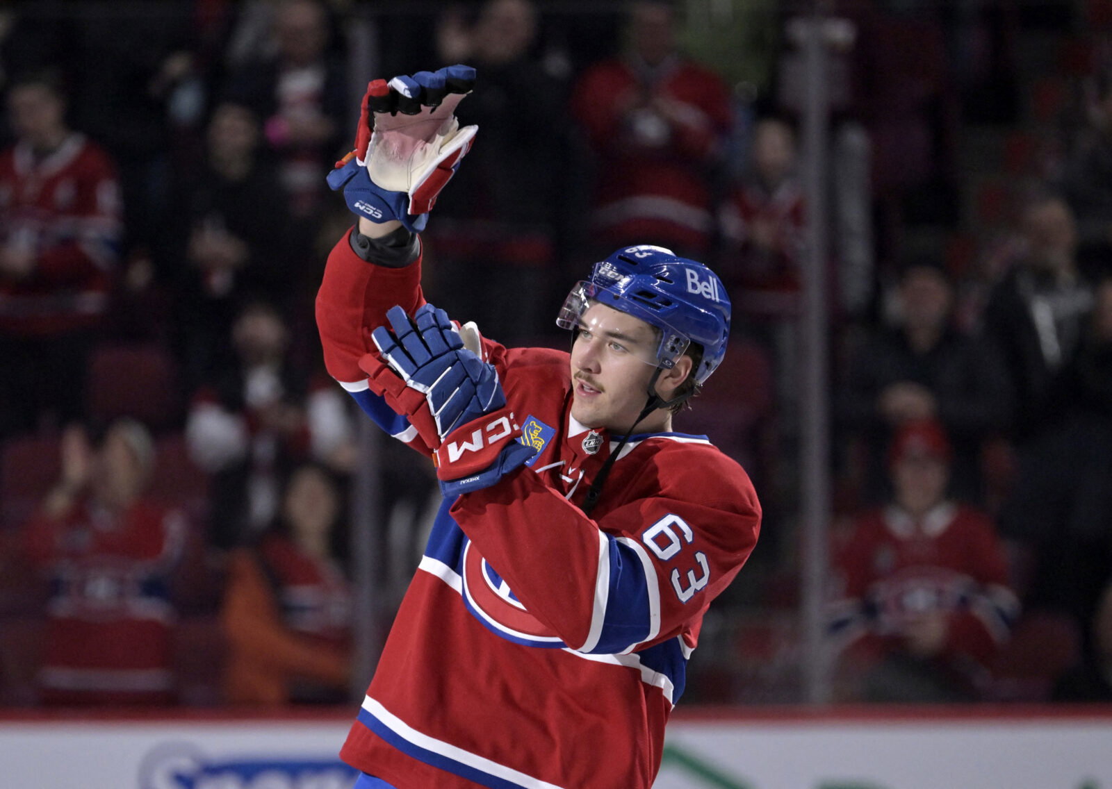 Nov 22, 2025; Montreal, Quebec, CAN; Montreal Canadiens forward Florian Xhekaj (63) celebrates the win against the Toronto Maple Leafs at the Bell Centre. Mandatory Credit: Eric Bolte-Imagn Images