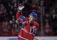 Nov 22, 2025; Montreal, Quebec, CAN; Montreal Canadiens forward Florian Xhekaj (63) celebrates the win against the Toronto Maple Leafs at the Bell Centre. Mandatory Credit: Eric Bolte-Imagn Images