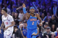 Dec 18, 2025; Oklahoma City, Oklahoma, USA; Oklahoma City Thunder guard Shai Gilgeous-Alexander (2) gestures after scoring against the Los Angeles Clippers during the second half at Paycom Center. Mandatory Credit: Alonzo Adams-Imagn Images
