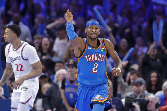 Dec 18, 2025; Oklahoma City, Oklahoma, USA; Oklahoma City Thunder guard Shai Gilgeous-Alexander (2) gestures after scoring against the Los Angeles Clippers during the second half at Paycom Center. Mandatory Credit: Alonzo Adams-Imagn Images