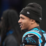 Dec 28, 2025; Charlotte, North Carolina, USA; Carolina Panthers running back Chuba Hubbard (30) looks on during warmups before the game against the Seattle Seahawks at Bank of America Stadium. Mandatory Credit: Jim Dedmon-Imagn Images