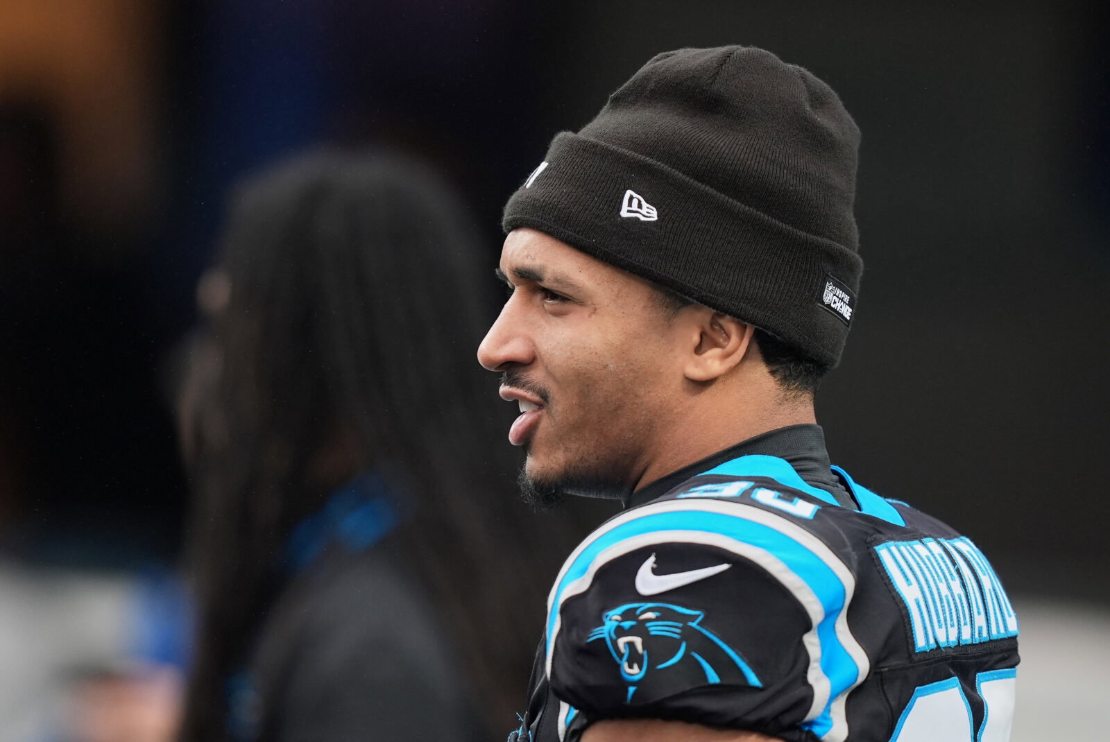 Dec 28, 2025; Charlotte, North Carolina, USA; Carolina Panthers running back Chuba Hubbard (30) looks on during warmups before the game against the Seattle Seahawks at Bank of America Stadium. Mandatory Credit: Jim Dedmon-Imagn Images