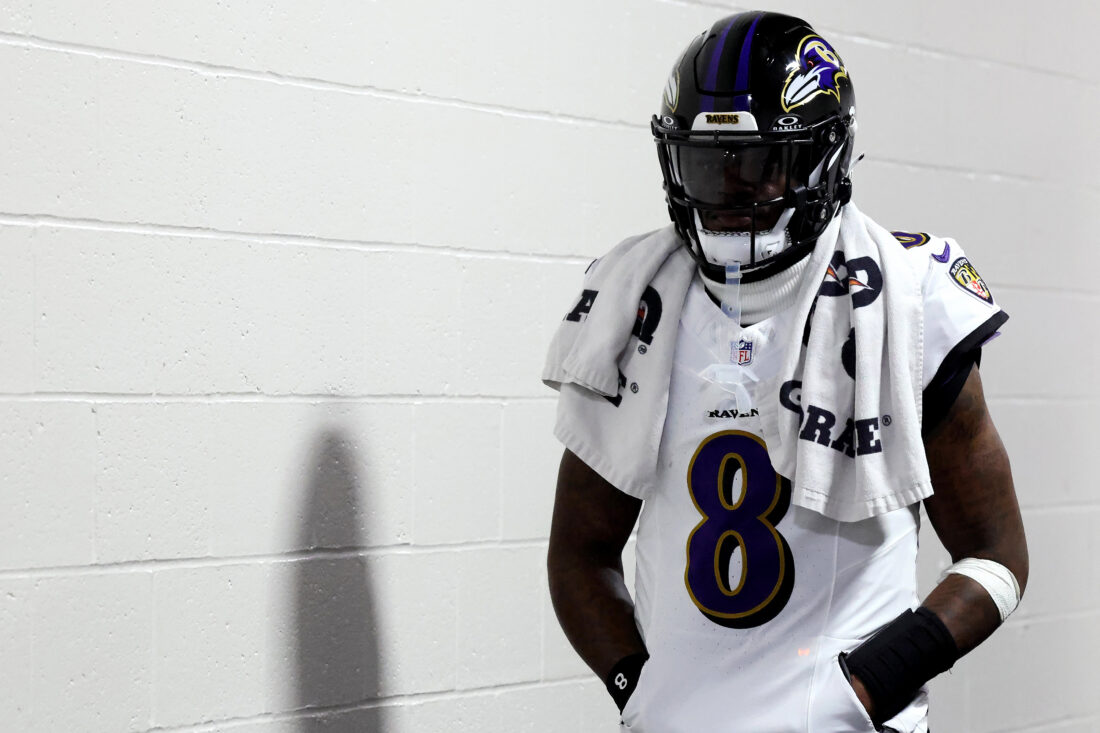 Jan 4, 2026; Pittsburgh, Pennsylvania, USA; Baltimore Ravens quarterback Lamar Jackson (8) walks to the field to play the Pittsburgh Steelers at Acrisure Stadium. Mandatory Credit: Charles LeClaire-Imagn Images