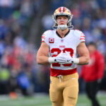 Jan 17, 2026; Seattle, WA, USA; San Francisco 49ers running back Christian McCaffrey (23) warms up prior to a game against the Seattle Seahawks in an NFC Divisional Round game at Lumen Field. Mandatory Credit: Steven Bisig-Imagn Images