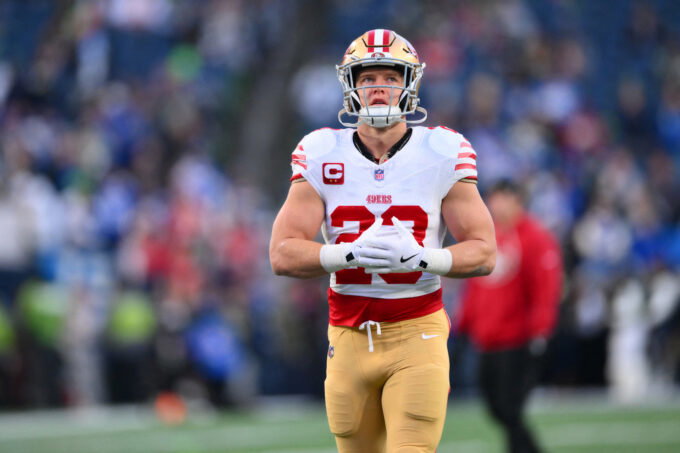 Jan 17, 2026; Seattle, WA, USA; San Francisco 49ers running back Christian McCaffrey (23) warms up prior to a game against the Seattle Seahawks in an NFC Divisional Round game at Lumen Field. Mandatory Credit: Steven Bisig-Imagn Images