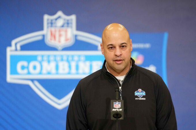 Feb 24, 2026; Indianapolis, IN, USA; Pittsburgh Steelers general manager Omar Khan speaks at the NFL Scouting Combine at the Indiana Convention Center. Mandatory Credit: Kirby Lee-Imagn Images