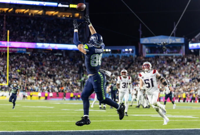 Feb 8, 2026; Santa Clara, CA, USA; Seattle Seahawks tight end AJ Barner (88) makes a catch to score a touchdown against the New England Patriots during the fourth quarter in Super Bowl LX at Levi's Stadium. Mandatory Credit: Mark J. Rebilas-Imagn Images