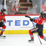 Mar 9, 2026; Chicago, Illinois, USA; Chicago Blackhawks center Frank Nazar (91) celebrates after scoring a game winning goal against the Utah Mammoth in overtime at United Center. Mandatory Credit: Kamil Krzaczynski-Imagn Images