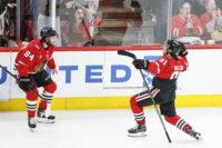 Mar 9, 2026; Chicago, Illinois, USA; Chicago Blackhawks center Frank Nazar (91) celebrates after scoring a game winning goal against the Utah Mammoth in overtime at United Center. Mandatory Credit: Kamil Krzaczynski-Imagn Images