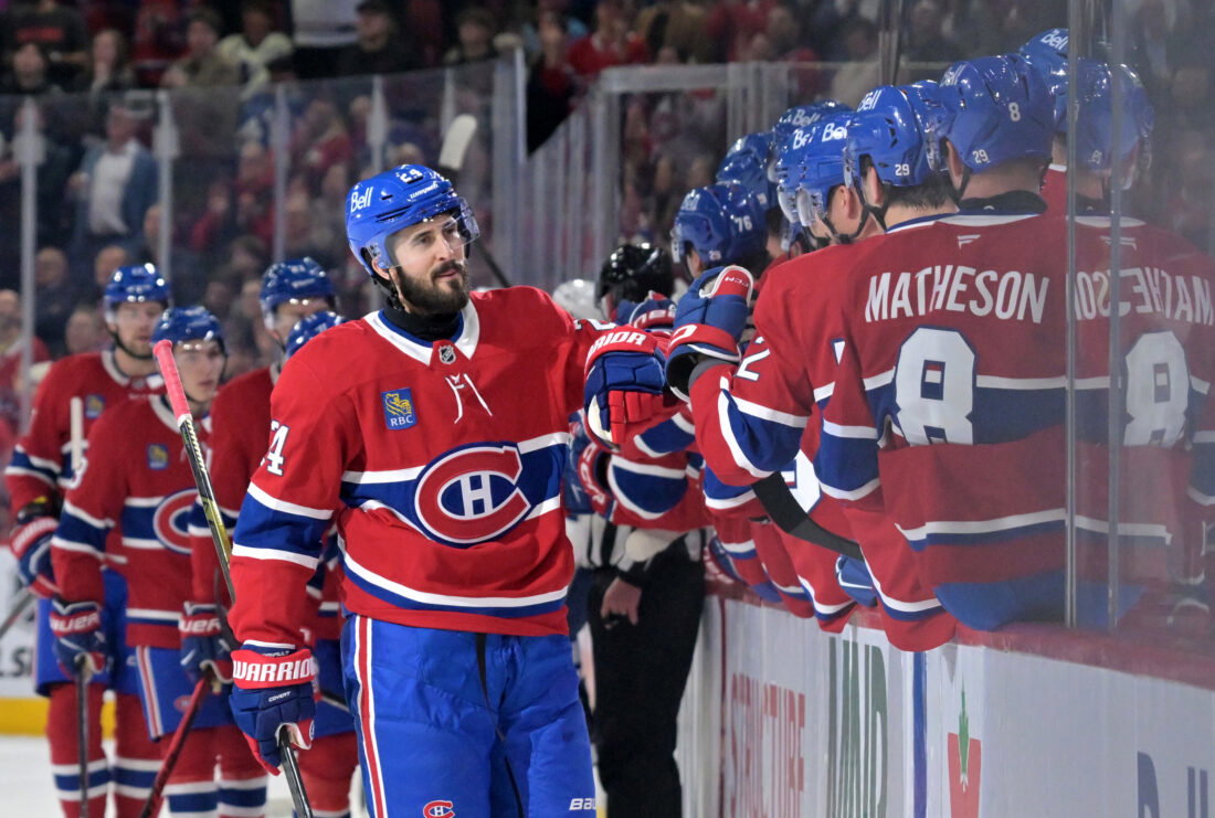 Mar 10, 2026; Montreal, Quebec, CAN; Montreal Canadiens forward Philip Danault (24) celebrates with teammates after scoring a goal against the Toronto Maple Leafs during the first period at the Bell Centre. Mandatory Credit: Eric Bolte-Imagn Images