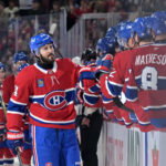 Mar 10, 2026; Montreal, Quebec, CAN; Montreal Canadiens forward Philip Danault (24) celebrates with teammates after scoring a goal against the Toronto Maple Leafs during the first period at the Bell Centre. Mandatory Credit: Eric Bolte-Imagn Images