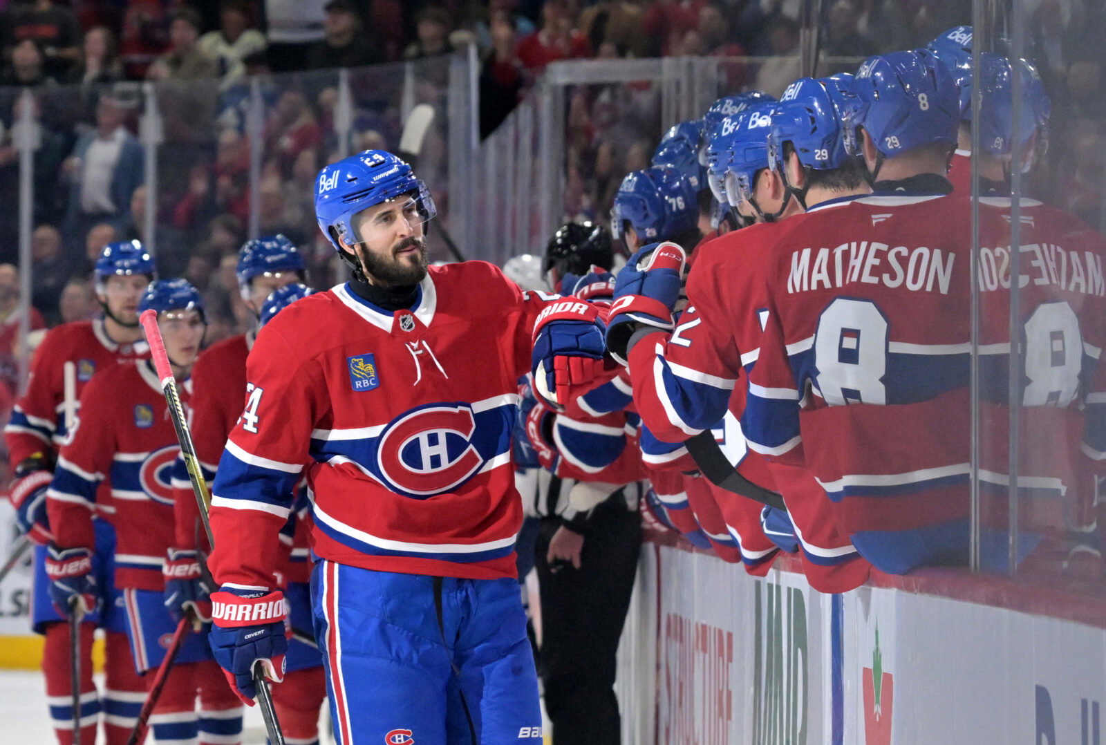Mar 10, 2026; Montreal, Quebec, CAN; Montreal Canadiens forward Philip Danault (24) celebrates with teammates after scoring a goal against the Toronto Maple Leafs during the first period at the Bell Centre. Mandatory Credit: Eric Bolte-Imagn Images