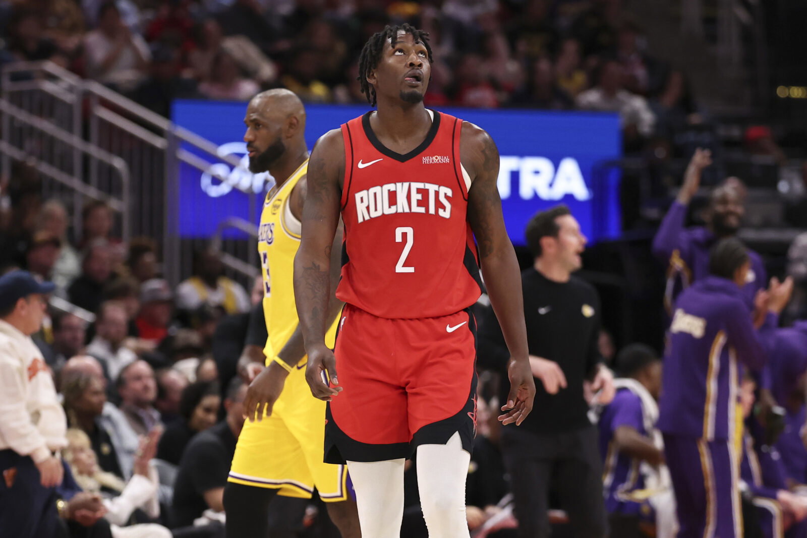 Mar 16, 2026; Houston, Texas, USA; Houston Rockets forward Dorian Finney-Smith (2) reacts after a turover during the fourth quarter against the Los Angeles Lakers at Toyota Center. Mandatory Credit: Troy Taormina-Imagn Images