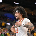 Mar 20, 2026; St. Louis, MO, USA; Miami (FL) Hurricanes guard Tre Donaldson (3) reacts before the game to start against the Missouri Tigers during a first round game of the men's 2026 NCAA Tournament at Enterprise Center. Mandatory Credit: Jeff Curry-Imagn Images
