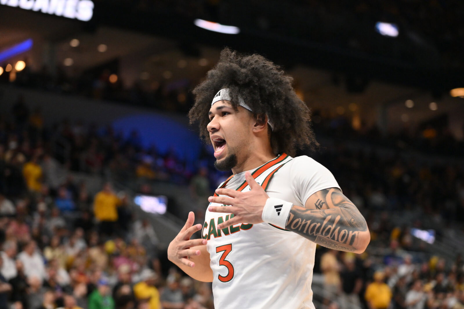 Mar 20, 2026; St. Louis, MO, USA; Miami (FL) Hurricanes guard Tre Donaldson (3) reacts before the game to start against the Missouri Tigers during a first round game of the men's 2026 NCAA Tournament at Enterprise Center. Mandatory Credit: Jeff Curry-Imagn Images