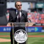 Mar 26, 2026; New York City, New York, USA; New York Mets radio announcer Howie Rose emcees opening day introductions before the game between the New York Mets and Pittsburgh Pirates at Citi Field. Mandatory Credit: Brad Penner-Imagn Images