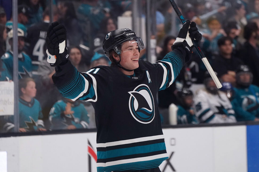 Mar 30, 2026; San Jose, California, USA; San Jose Sharks center Macklin Celebrini (71) celebrates during warms ups before the game against the St. Louis Blues at SAP Center at San Jose. Mandatory Credit: David Gonzales-Imagn Images