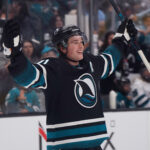 Mar 30, 2026; San Jose, California, USA; San Jose Sharks center Macklin Celebrini (71) celebrates during warms ups before the game against the St. Louis Blues at SAP Center at San Jose. Mandatory Credit: David Gonzales-Imagn Images