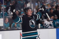 Mar 30, 2026; San Jose, California, USA; San Jose Sharks center Macklin Celebrini (71) celebrates during warms ups before the game against the St. Louis Blues at SAP Center at San Jose. Mandatory Credit: David Gonzales-Imagn Images