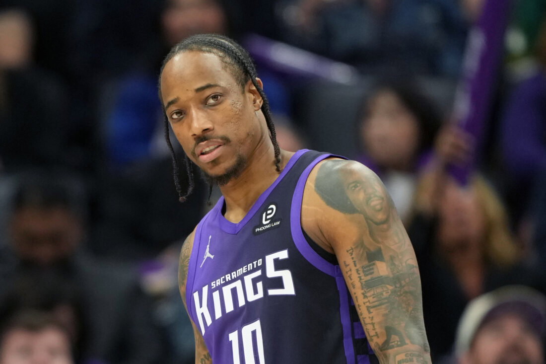 Apr 3, 2026; Sacramento, California, USA; Sacramento Kings guard DeMar DeRozan (10) during the third quarter against the New Orleans Pelicans at Golden 1 Center. Mandatory Credit: Darren Yamashita-Imagn Images