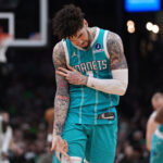 Apr 7, 2026; Boston, Massachusetts, USA; Charlotte Hornets guard LaMelo Ball (1) reacts after his three point basket against the Boston Celtics in the second quarter at TD Garden. Mandatory Credit: David Butler II-Imagn Images