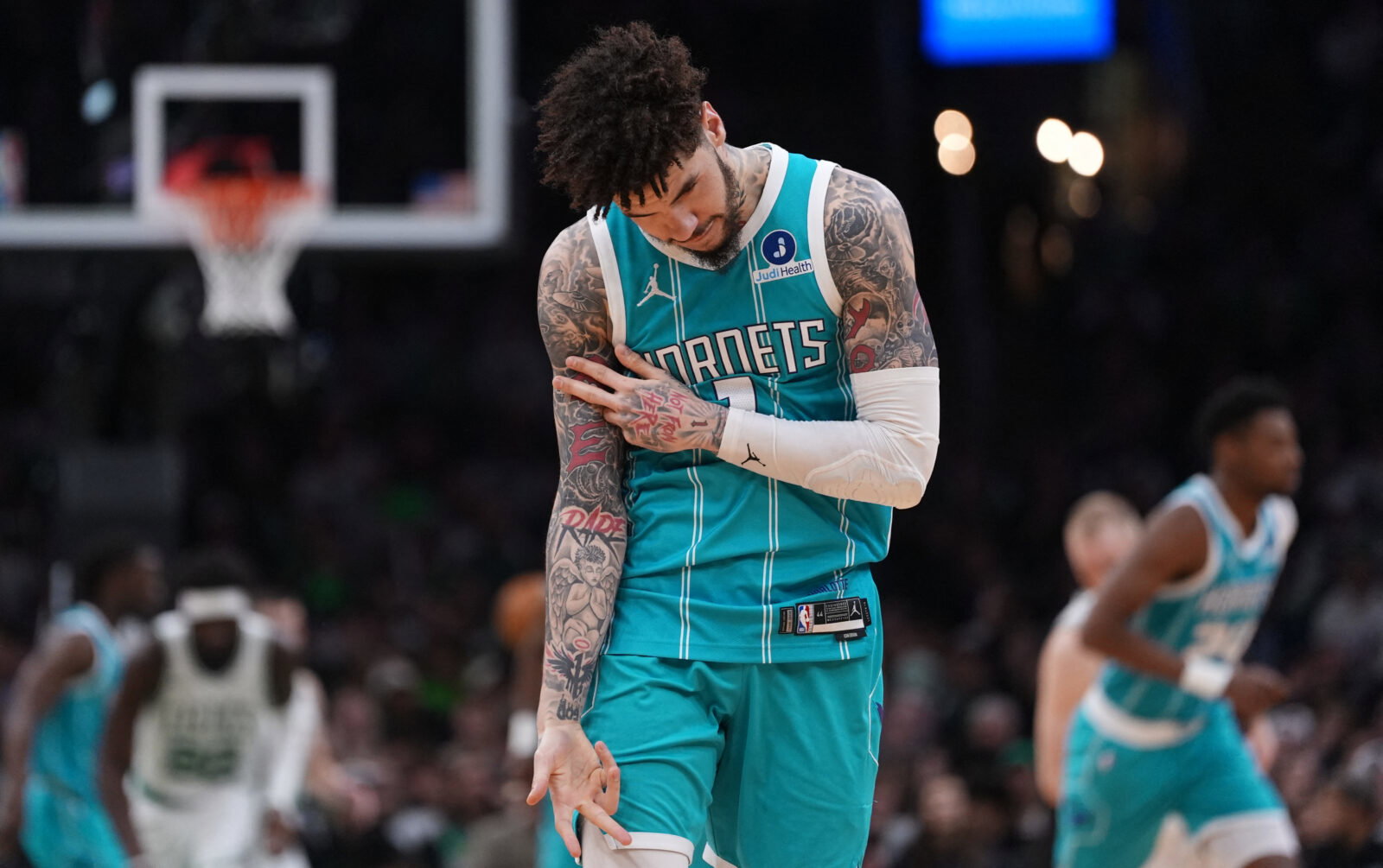 Apr 7, 2026; Boston, Massachusetts, USA; Charlotte Hornets guard LaMelo Ball (1) reacts after his three point basket against the Boston Celtics in the second quarter at TD Garden. Mandatory Credit: David Butler II-Imagn Images