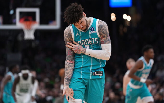Apr 7, 2026; Boston, Massachusetts, USA; Charlotte Hornets guard LaMelo Ball (1) reacts after his three point basket against the Boston Celtics in the second quarter at TD Garden. Mandatory Credit: David Butler II-Imagn Images