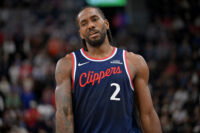 Apr 8, 2026; Inglewood, California, USA; Los Angeles Clippers forward Kawhi Leonard (2) reacts after a missed basket in the second half against the Oklahoma City Thunder at Intuit Dome. Mandatory Credit: Jayne Kamin-Oncea-Imagn Images
