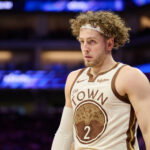 Apr 10, 2026; Sacramento, California, USA; Golden State Warriors guard Brandin Podziemski (2) looks on against the Sacramento Kings during the fourth quarter at Golden 1 Center. Mandatory Credit: Robert Edwards-Imagn Images