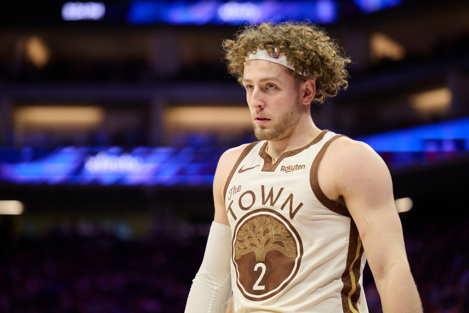 Apr 10, 2026; Sacramento, California, USA; Golden State Warriors guard Brandin Podziemski (2) looks on against the Sacramento Kings during the fourth quarter at Golden 1 Center. Mandatory Credit: Robert Edwards-Imagn Images