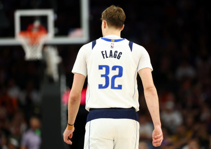 Apr 8, 2026; Phoenix, Arizona, USA; Detailed view of the jersey of Dallas Mavericks forward Cooper Flagg (32) against the Phoenix Suns at Mortgage Matchup Center. Mandatory Credit: Mark J. Rebilas-Imagn Images