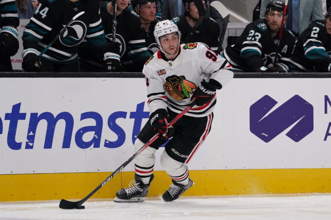 Apr 6, 2026; San Jose, California, USA; Chicago Blackhawks center Frank Nazar (91) advances the puck against the San Jose Sharks in the third period at SAP Center at San Jose. Mandatory Credit: David Gonzales-Imagn Images
