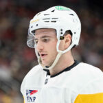 Apr 9, 2026; Newark, New Jersey, USA; Pittsburgh Penguins defenseman Ryan Shea (5) takes a break during a stoppage in play against the New Jersey Devils during the second period at Prudential Center. Mandatory Credit: Luther Schlaifer-Imagn Images