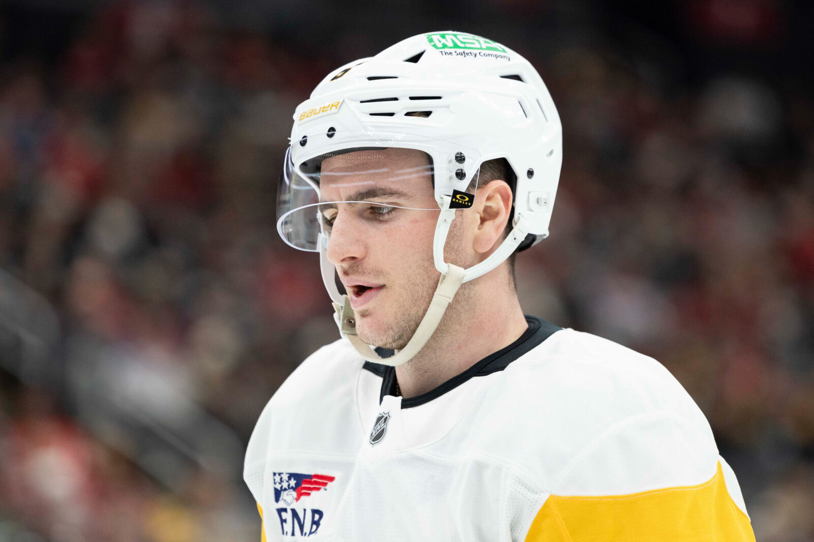 Apr 9, 2026; Newark, New Jersey, USA; Pittsburgh Penguins defenseman Ryan Shea (5) takes a break during a stoppage in play against the New Jersey Devils during the second period at Prudential Center. Mandatory Credit: Luther Schlaifer-Imagn Images
