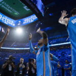 Apr 19, 2026; Oklahoma City, Oklahoma, USA; Oklahoma City Thunder guard Jalen Williams (8), guard Shai Gilgeous-Alexander (2), and center Chet Holmgren (7) before the start of game one of the first round of the 2026 NBA Playoffs at Paycom Center. Mandatory Credit: Alonzo Adams-Imagn Images